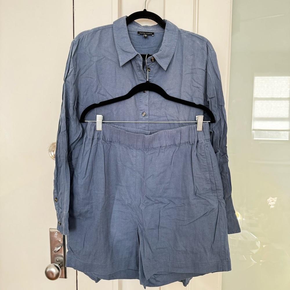 Universal Standard matching blue linen shirt & shorts set